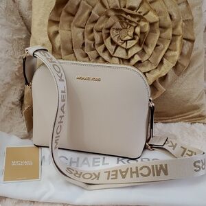 100% Authentic Michael Kors Cream Leather Crossbody with Logo Canvas Strap
